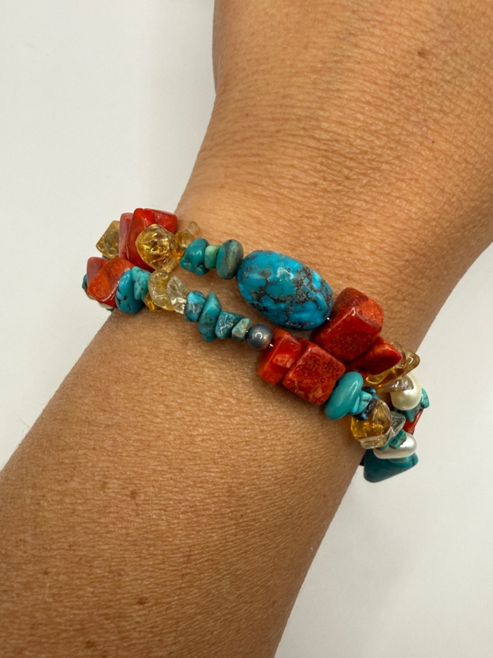 Vintage Southwestern Turquoise Orange Faux Pearl Beaded Bangle Cuff Bracelet